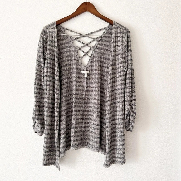 Open Front Cardigan Long Ruche Sleeve Criss Cross Open Back Slit Side Small - Picture 1 of 10